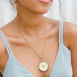 18K Gold Moon Star Lion Evil Eye Pendant Necklace Medallion Paperclip Chain